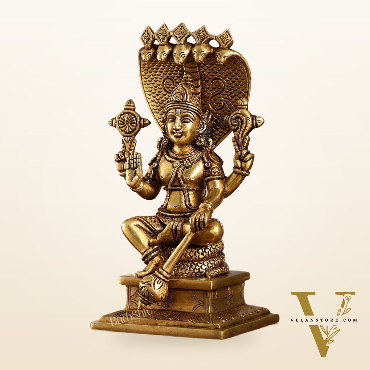 Divine 9 Inch Brass Lord Vishnu Seated with Sheshanaag Idol
