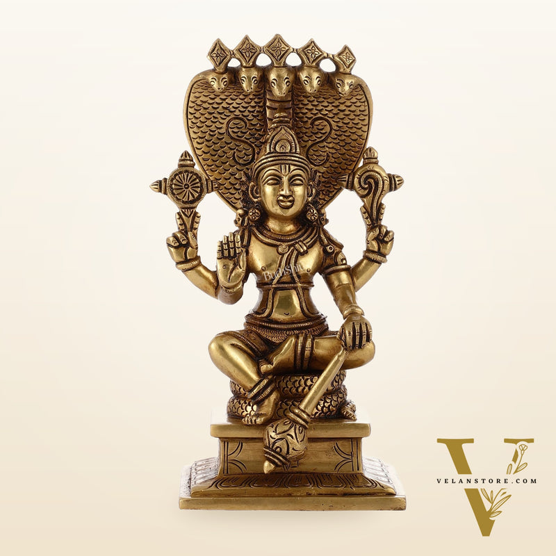 Divine 9 Inch Brass Lord Vishnu Seated with Sheshanaag Idol