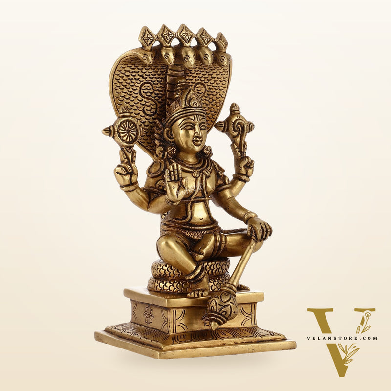 Divine 9 Inch Brass Lord Vishnu Seated with Sheshanaag Idol