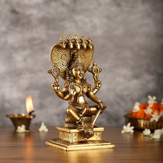 Divine 9 Inch Brass Lord Vishnu Seated with Sheshanaag Idol