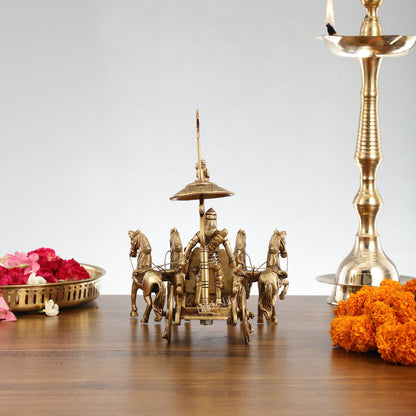 Divine 9.5 Inch Brass Geeta Updesh Krishna and Arjun Rath Idol