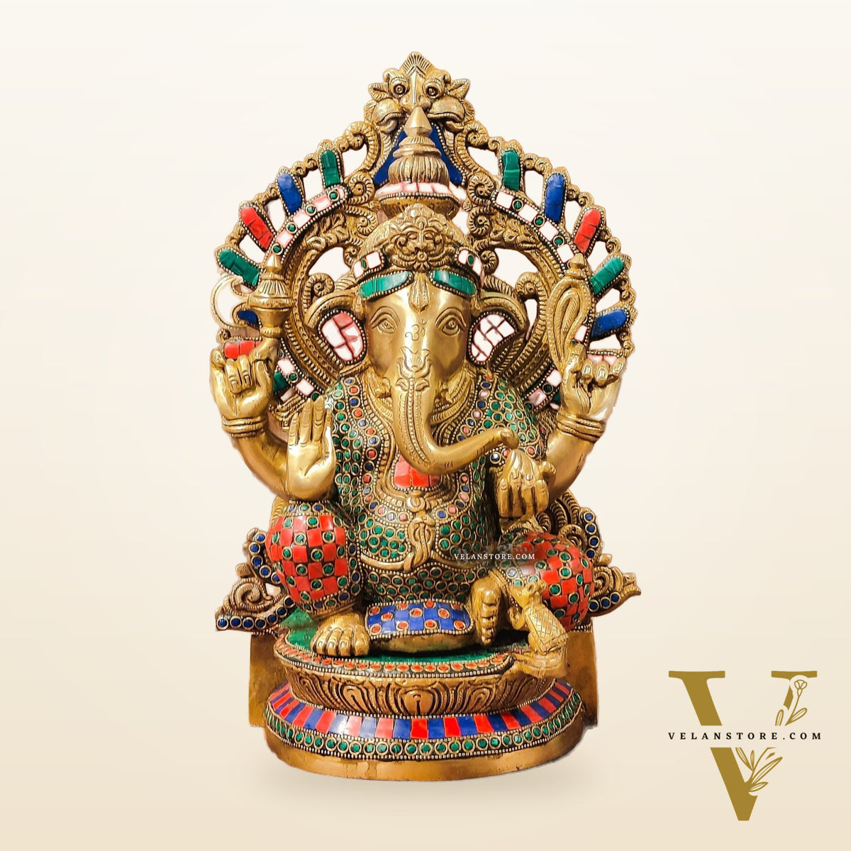 Divine Aura: Brass Ganesha Statue with Natural Stone-Adorned Prabhavali 14"