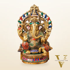 Divine Aura: Brass Ganesha Statue with Natural Stone-Adorned Prabhavali 14"