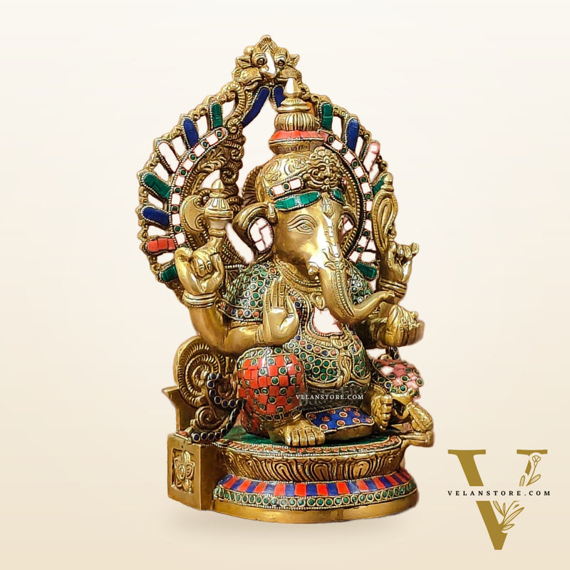 Divine Aura: Brass Ganesha Statue with Natural Stone-Adorned Prabhavali 14"