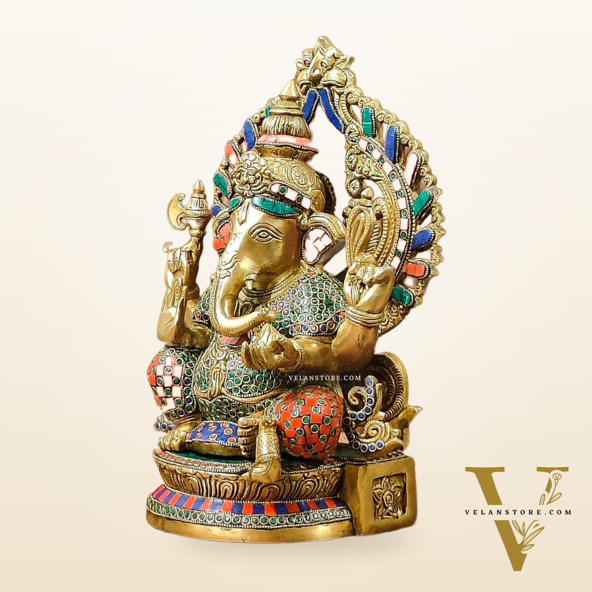 Divine Aura: Brass Ganesha Statue with Natural Stone-Adorned Prabhavali 14"