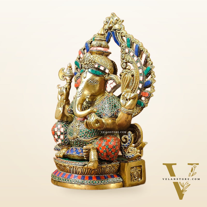 Divine Aura: Brass Ganesha Statue with Natural Stone-Adorned Prabhavali 14"