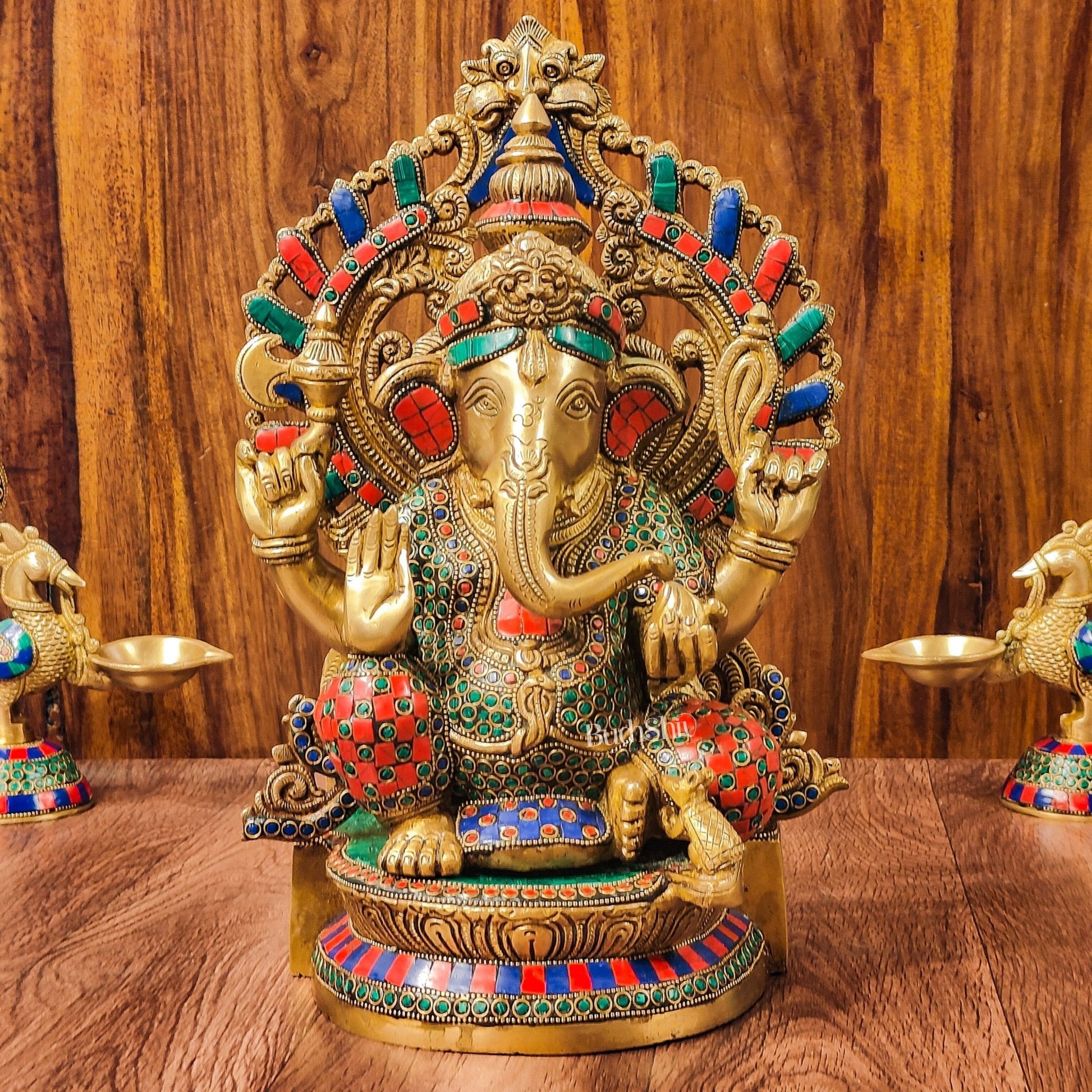Divine Aura: Brass Ganesha Statue with Natural Stone-Adorned Prabhavali 14"