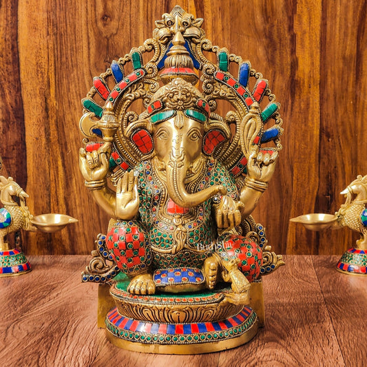 Divine Aura: Brass Ganesha Statue with Natural Stone-Adorned Prabhavali 14"