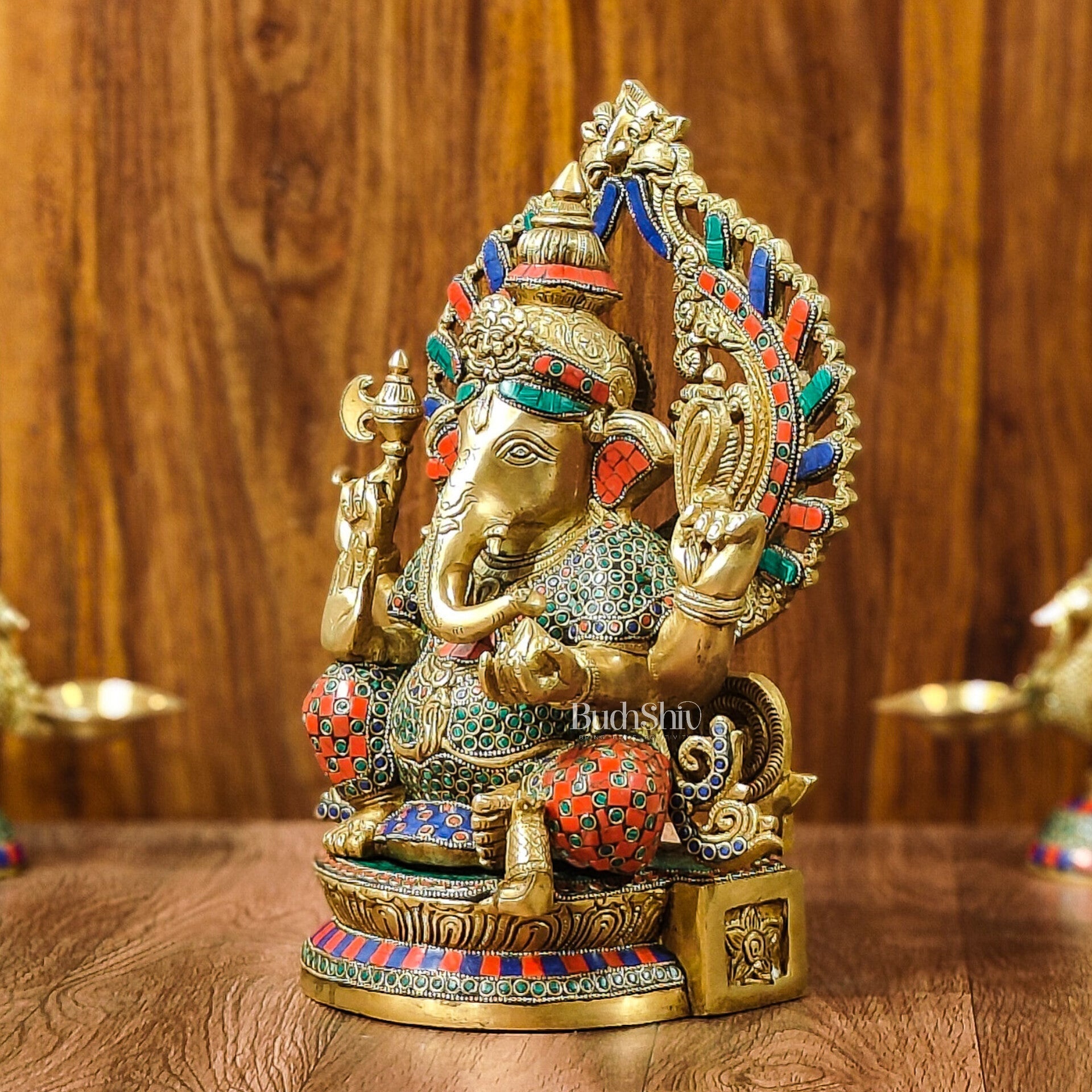 Divine Aura: Brass Ganesha Statue with Natural Stone-Adorned Prabhavali 14"