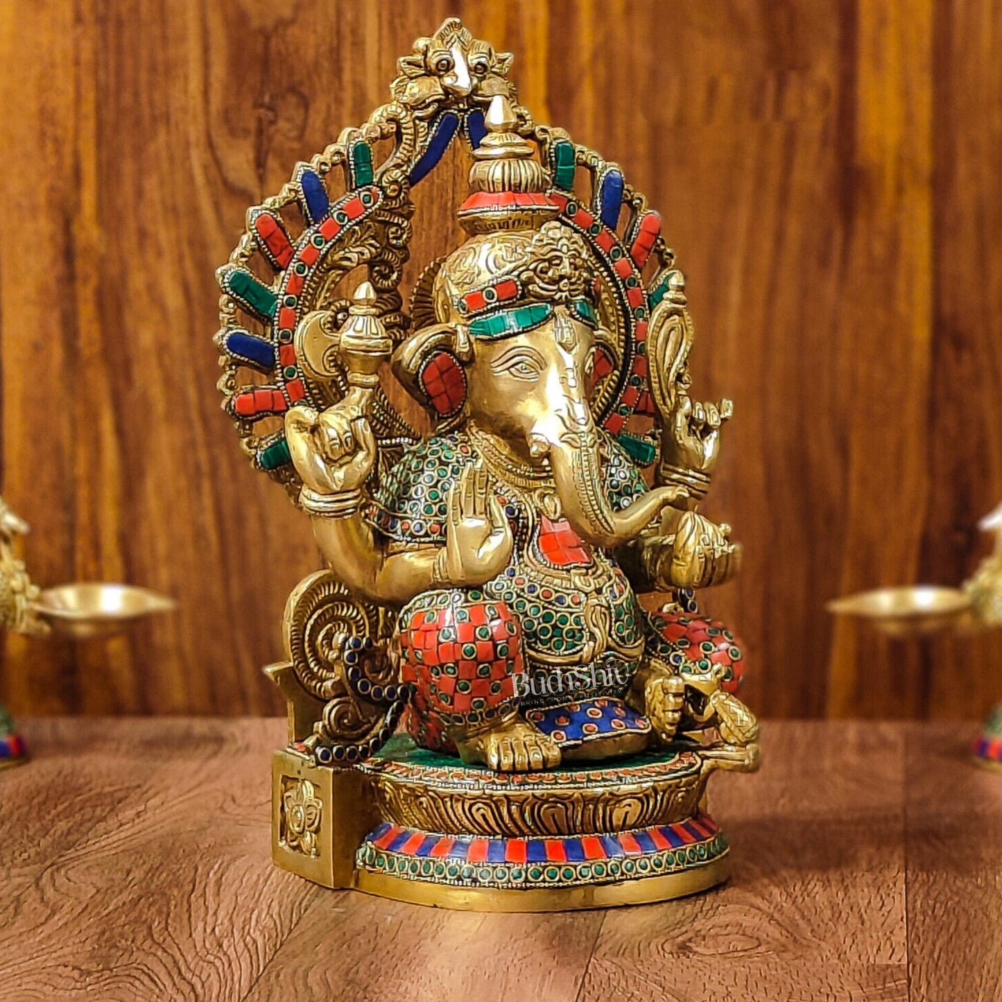 Divine Aura: Brass Ganesha Statue with Natural Stone-Adorned Prabhavali 14"