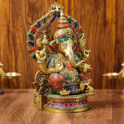 Divine Aura: Brass Ganesha Statue with Natural Stone-Adorned Prabhavali 14"