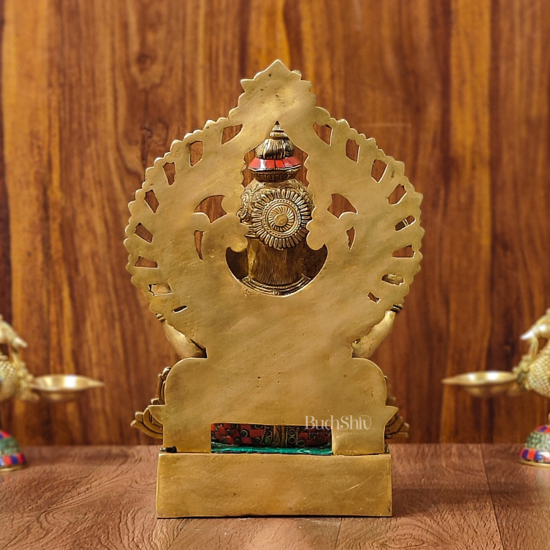 Divine Aura: Brass Ganesha Statue with Natural Stone-Adorned Prabhavali 14"