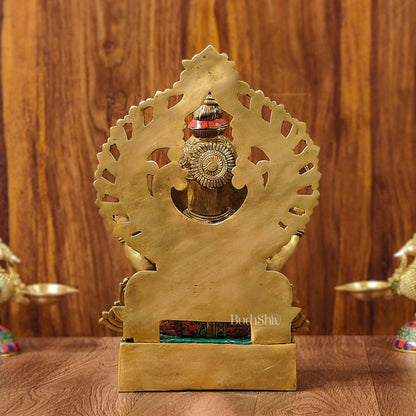 Divine Aura: Brass Ganesha Statue with Natural Stone-Adorned Prabhavali 14"
