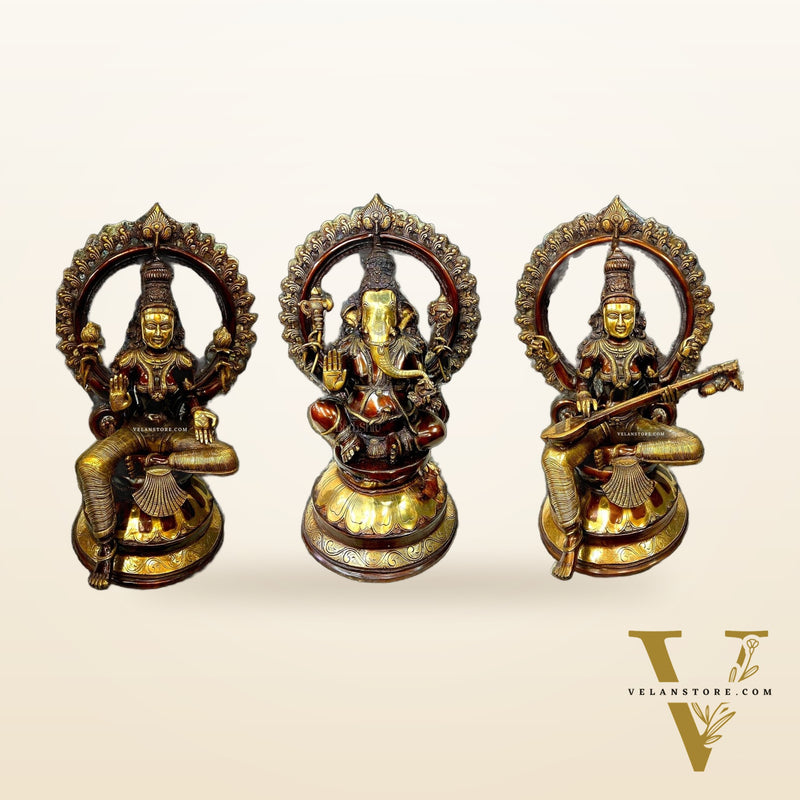 Divine Brass Deity Set with Arch - Ganapati, Saraswati, and Lakshmi 27"