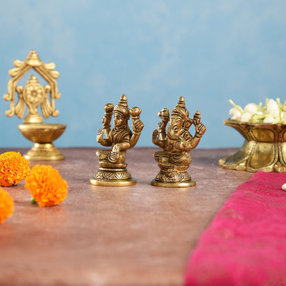 Divine Brass Ganesha and Lakshmi Idols Pair | Height 3.5 inch