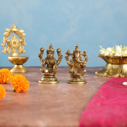 Divine Brass Ganesha and Lakshmi Idols Pair | Height 3.5 inch