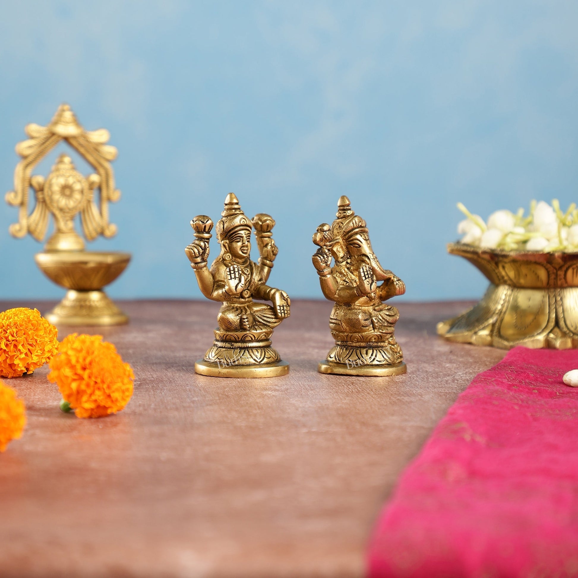 Divine Brass Ganesha and Lakshmi Idols Pair | Height 3.5 inch