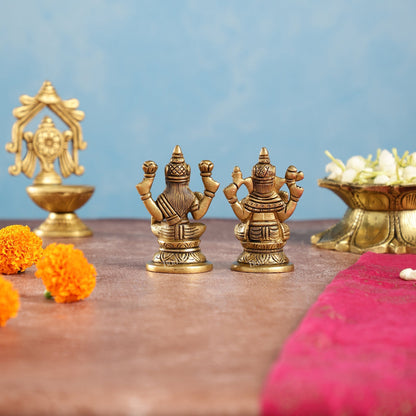 Divine Brass Ganesha and Lakshmi Idols Pair | Height 3.5 inch