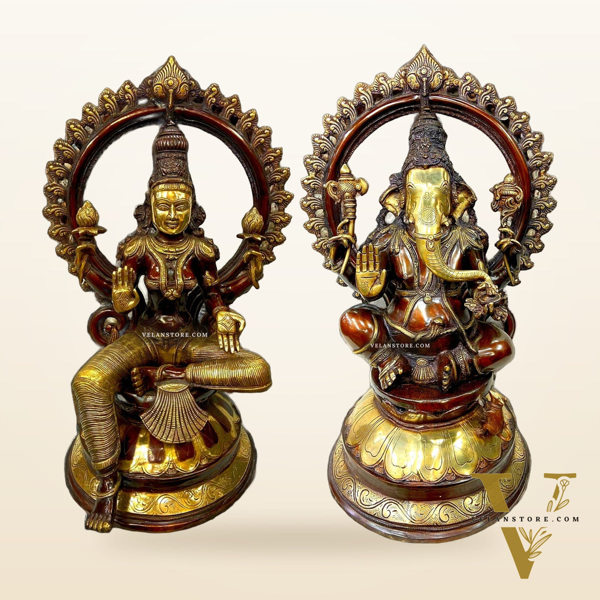 Divine Brass Ganesha and Lakshmi Statue Set 27"