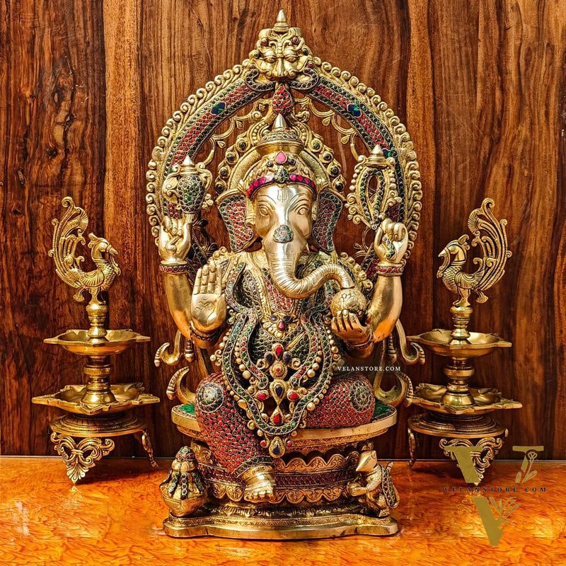 Divine Brass Ganesha Seated on Round Throne with Prabhavali 26"