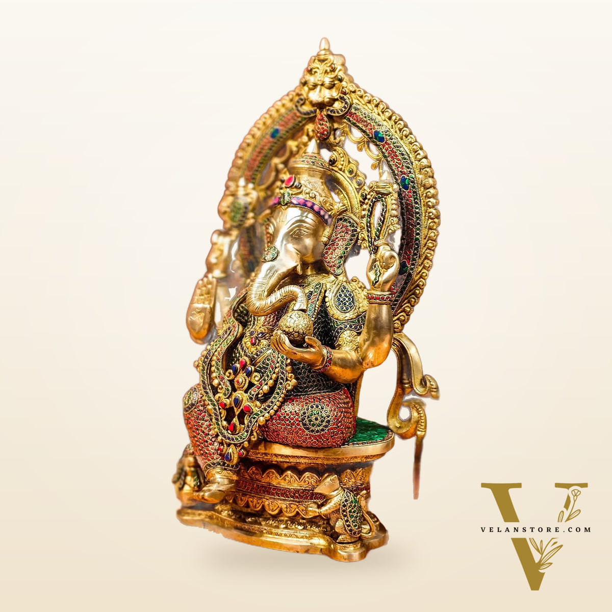 Divine Brass Ganesha Seated on Round Throne with Prabhavali 26"