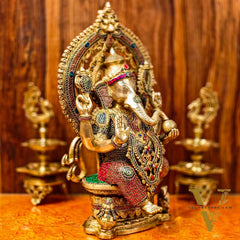 Divine Brass Ganesha Seated on Round Throne with Prabhavali 26"