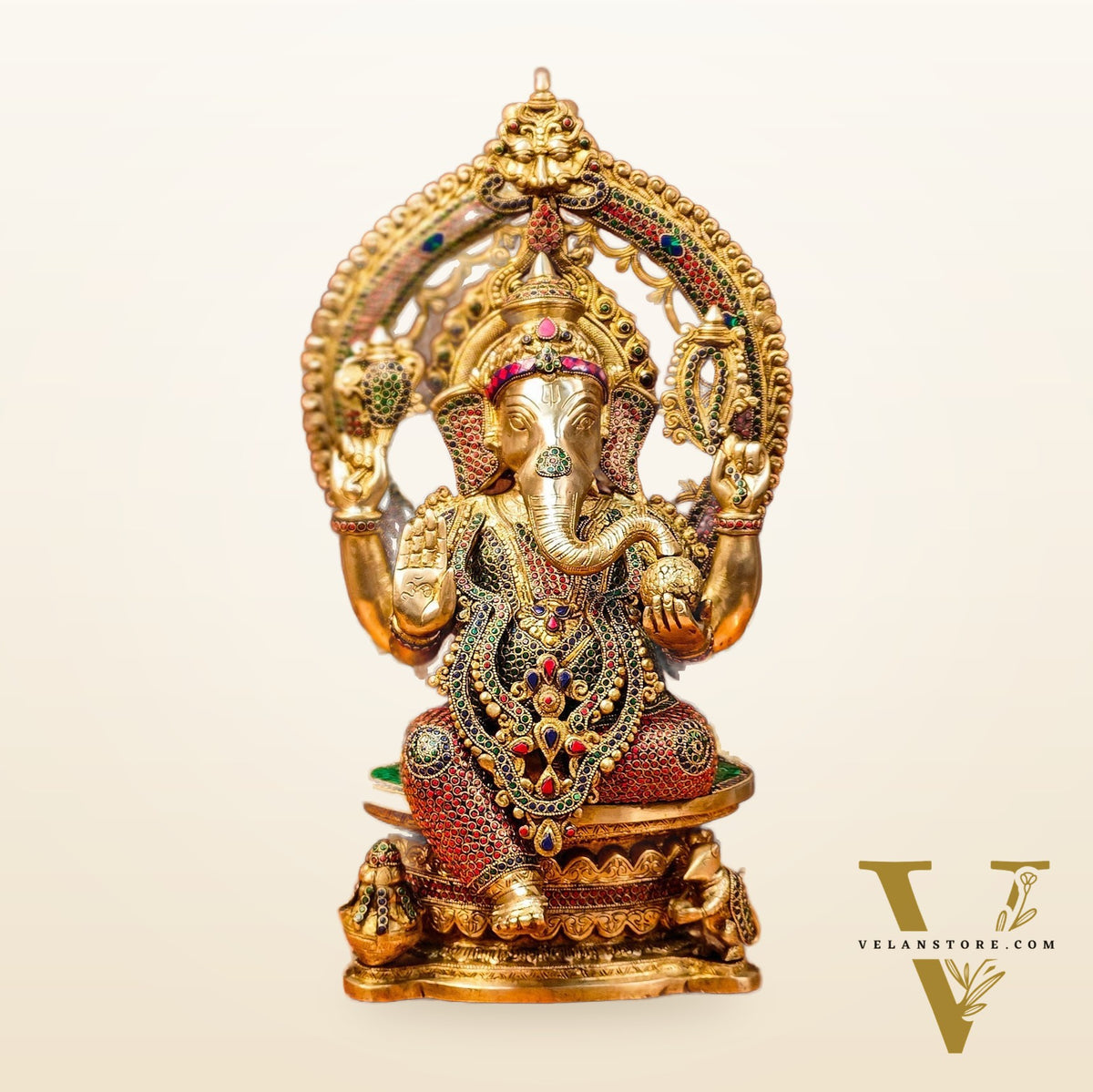 Divine Brass Ganesha Seated on Round Throne with Prabhavali 26"