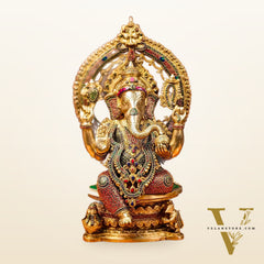 Divine Brass Ganesha Seated on Round Throne with Prabhavali 26"