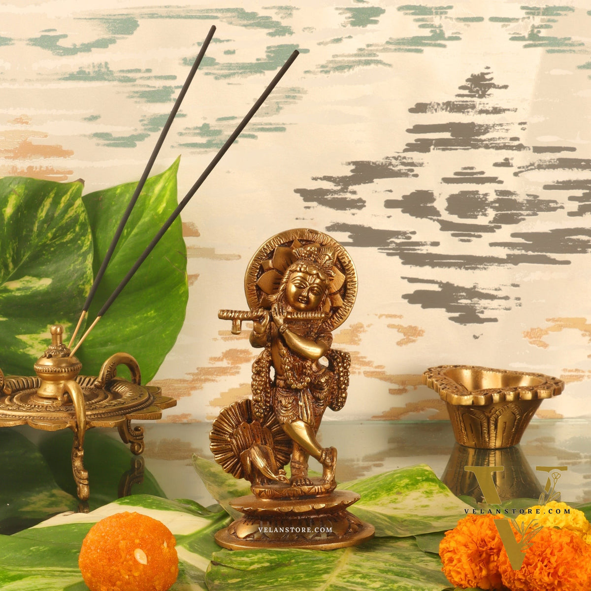 Divine Brass Krishna Idol with Peacock | Height 6.5 Inch