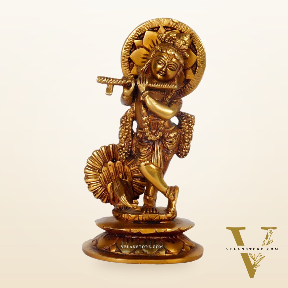 Divine Brass Krishna Idol with Peacock | Height 6.5 Inch