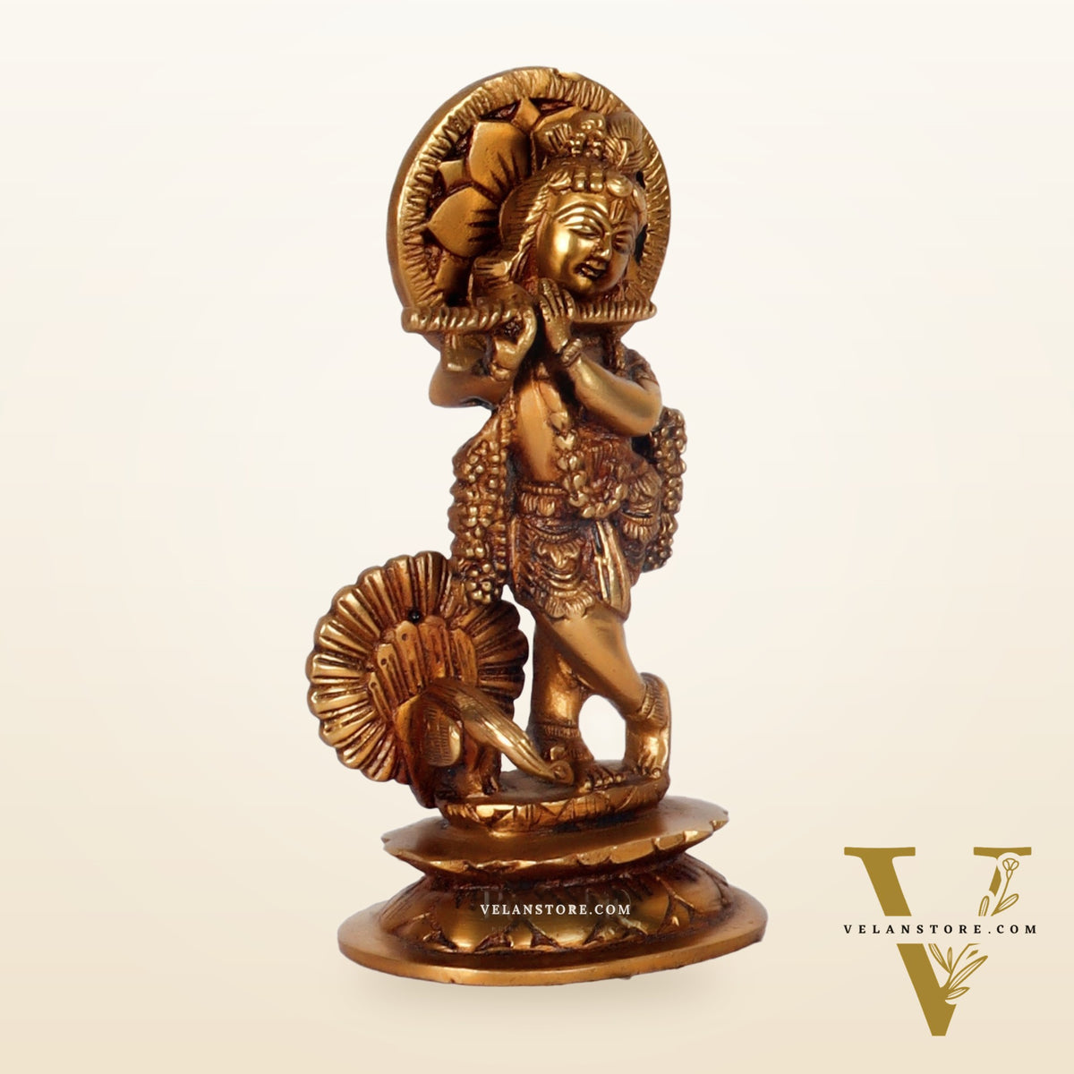 Divine Brass Krishna Idol with Peacock | Height 6.5 Inch