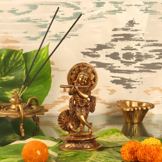 Divine Brass Krishna Idol with Peacock | Height 6.5 Inch