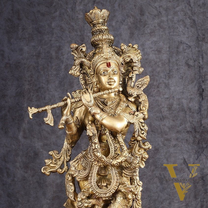 Divine Brass Krishna Playing Flute Statue - 24 Inches