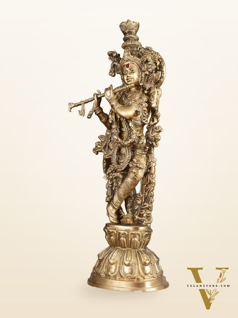 Divine Brass Krishna Playing Flute Statue - 24 Inches