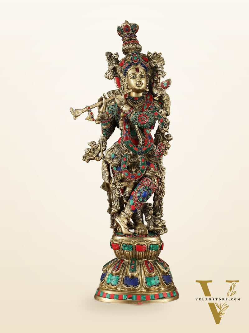 Divine Brass Krishna Playing Flute Statue - 24 Inches
