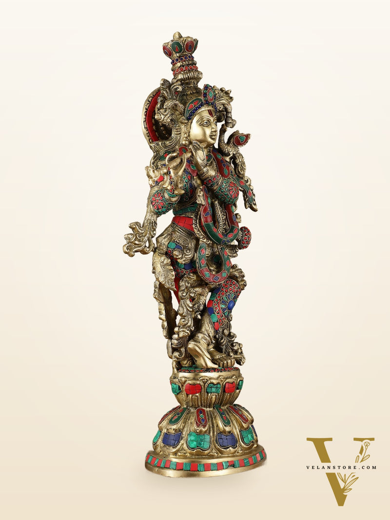 Divine Brass Krishna Playing Flute Statue - 24 Inches