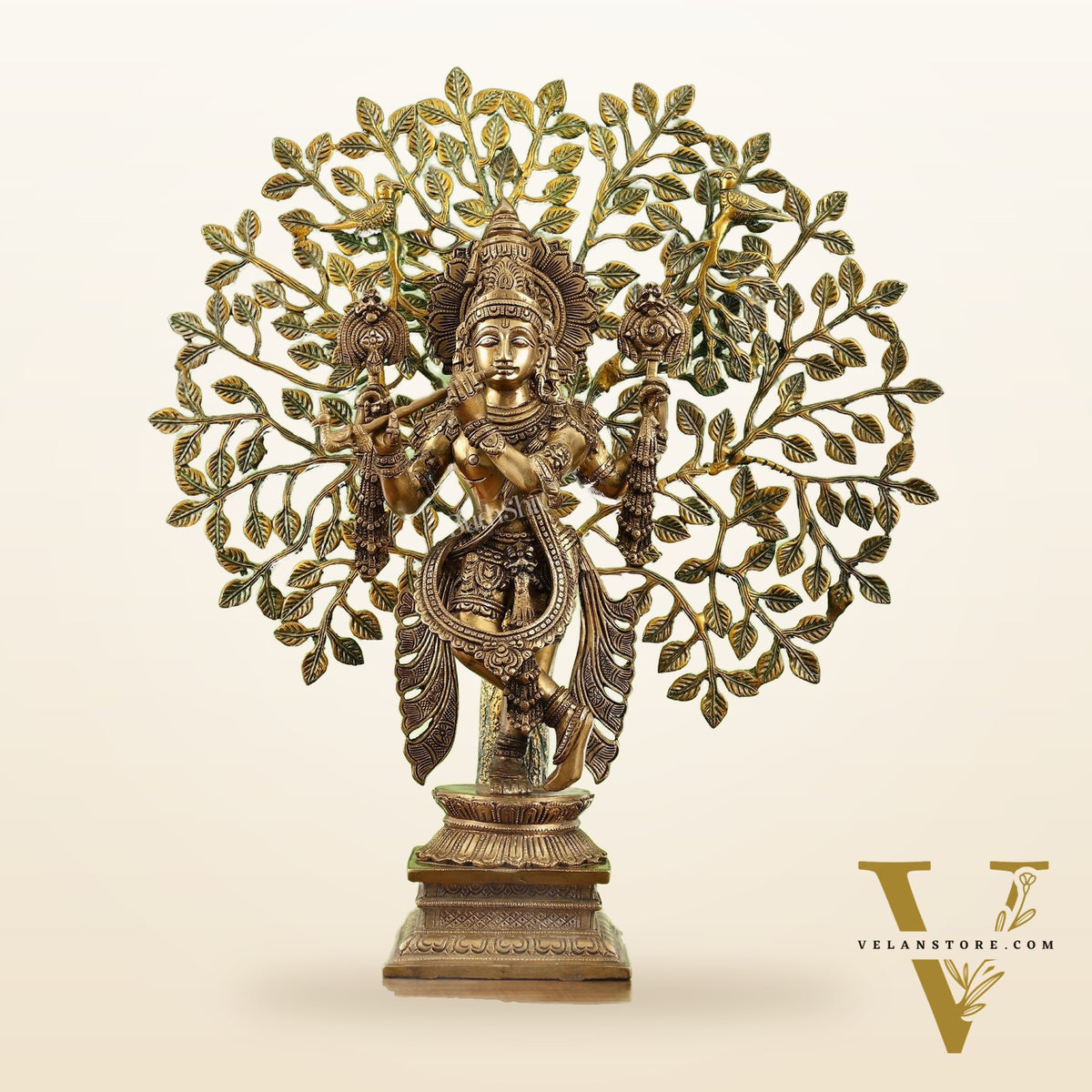 Divine Brass Krishna statue with Kalpavriksha Tree - 24 inches