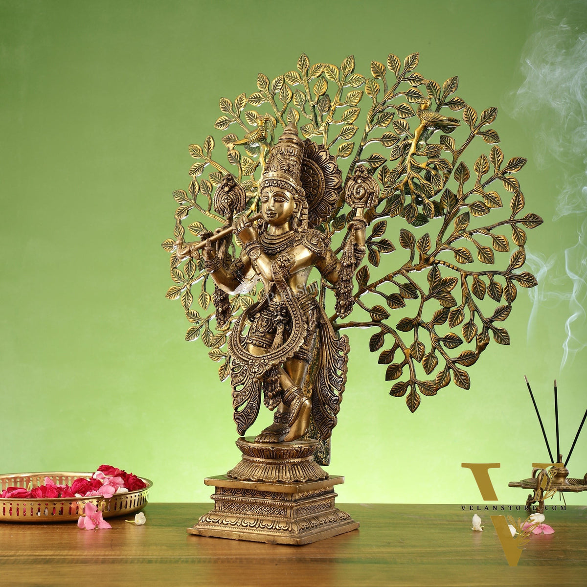 Divine Brass Krishna statue with Kalpavriksha Tree - 24 inches