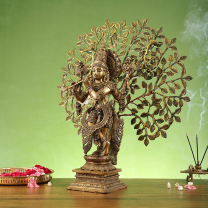 Divine Brass Krishna statue with Kalpavriksha Tree - 24 inches