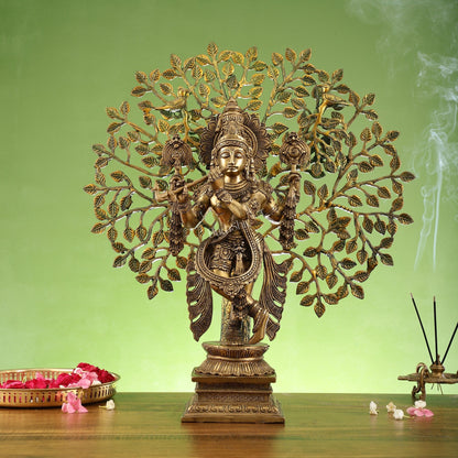 Divine Brass Krishna statue with Kalpavriksha Tree - 24 inches