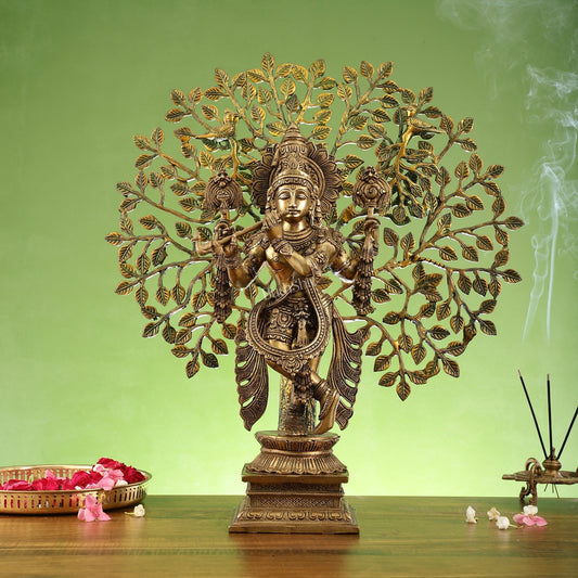 Divine Brass Krishna statue with Kalpavriksha Tree - 24 inches