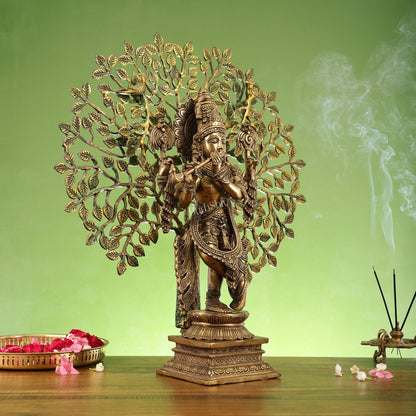 Divine Brass Krishna statue with Kalpavriksha Tree - 24 inches