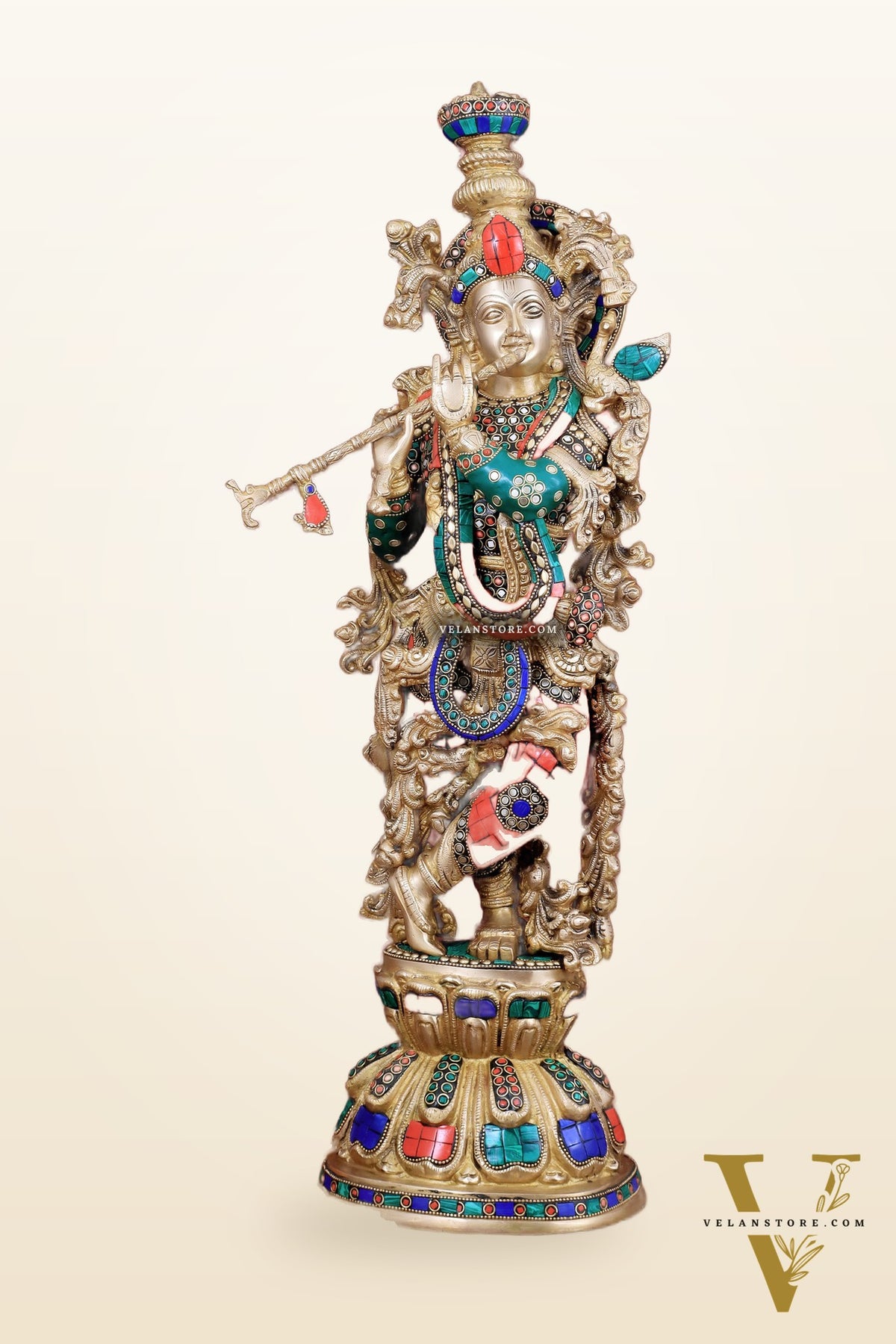 Divine brass Krishna Statue with stonework 25 inch
