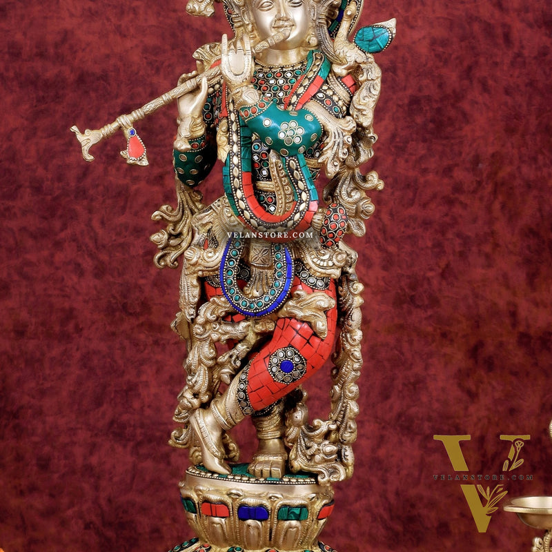 Divine brass Krishna Statue with stonework 25 inch