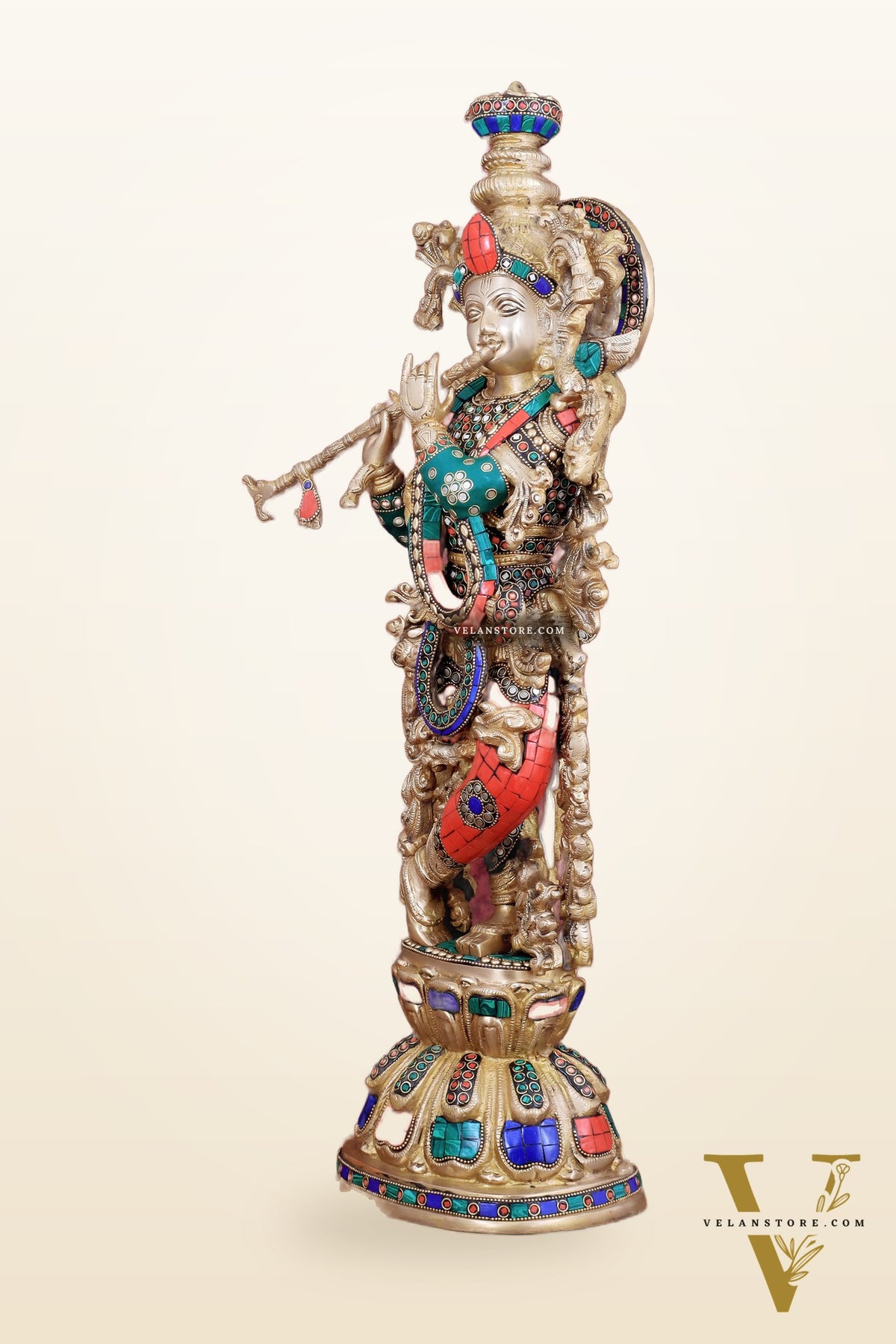 Divine brass Krishna Statue with stonework 25 inch