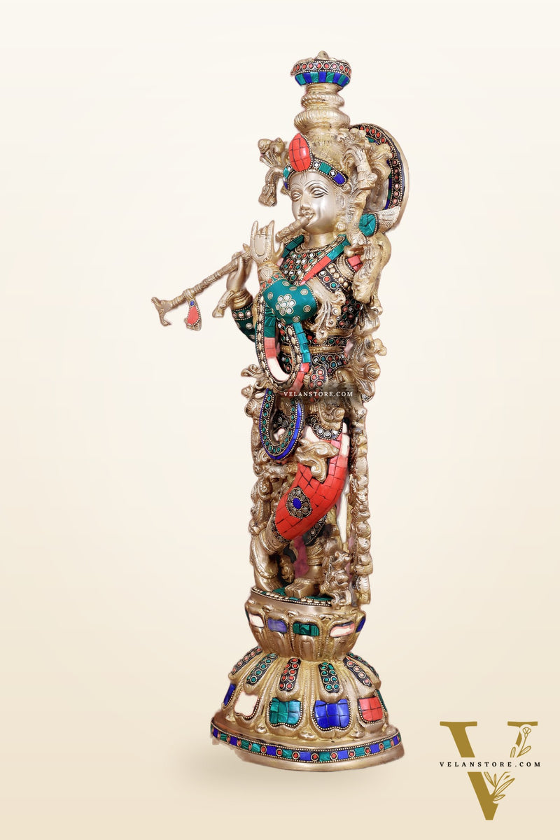 Divine brass Krishna Statue with stonework 25 inch