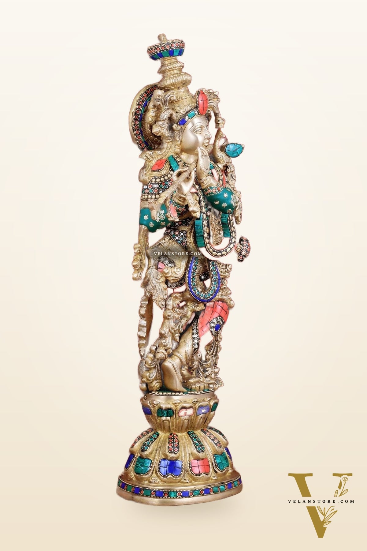 Divine brass Krishna Statue with stonework 25 inch