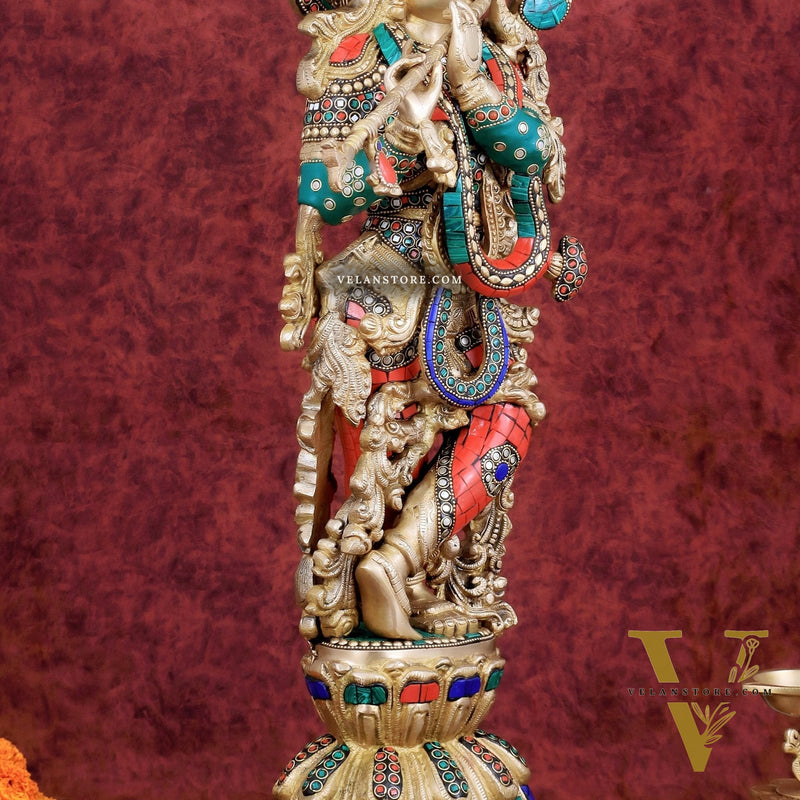 Divine brass Krishna Statue with stonework 25 inch