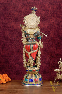 Divine brass Krishna Statue with stonework 25 inch