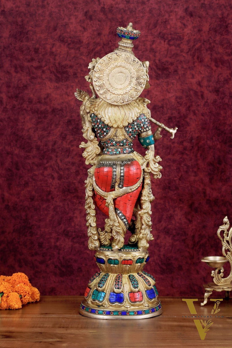 Divine brass Krishna Statue with stonework 25 inch
